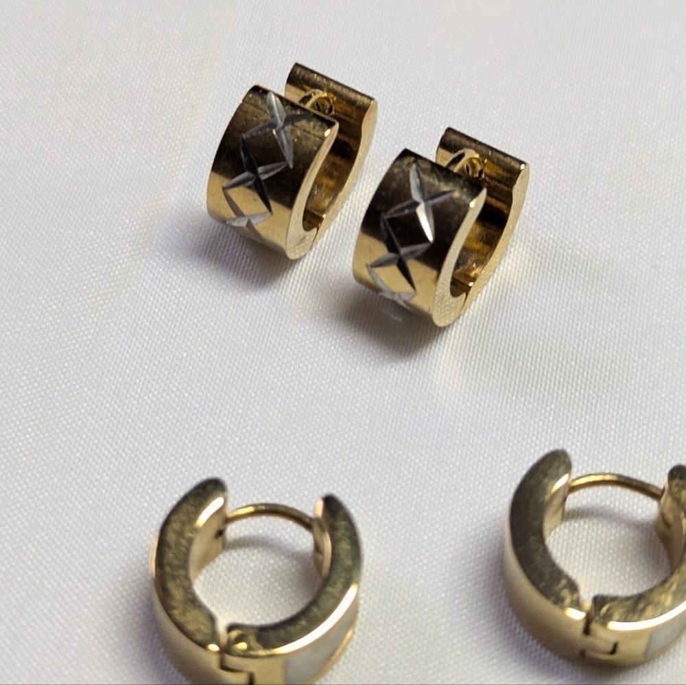 Set Of (3) Huggie Goldtone Hoop Earrings - Picture 7 of 9